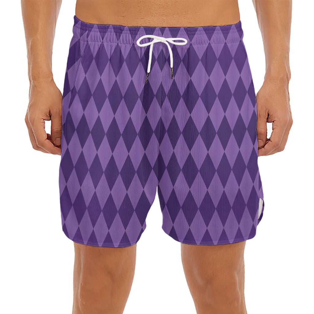 Purple Harlequin Pattern Print Men's Split Running Shorts