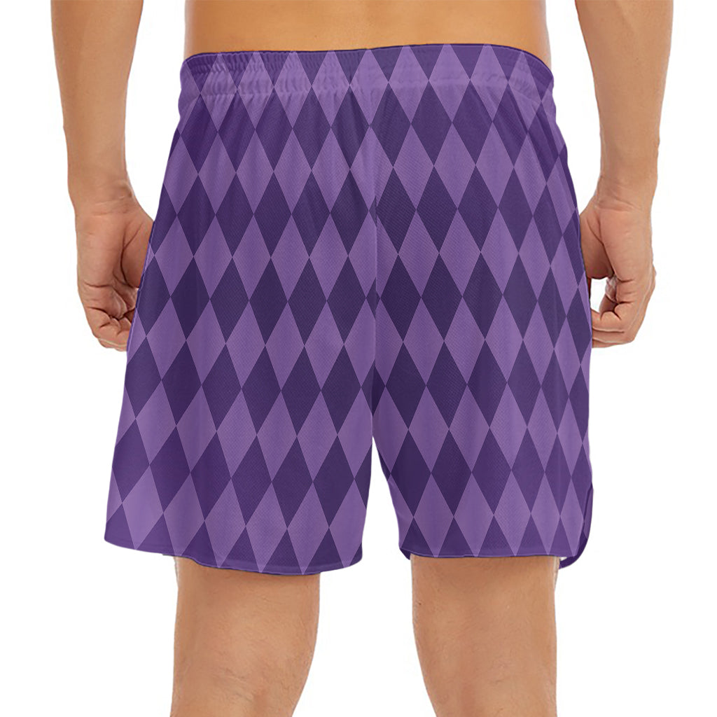 Purple Harlequin Pattern Print Men's Split Running Shorts