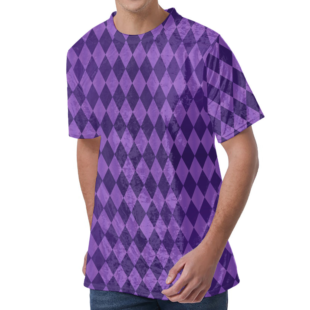 Purple Harlequin Pattern Print Men's Velvet T-Shirt