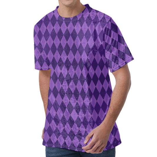 Purple Harlequin Pattern Print Men's Velvet T-Shirt