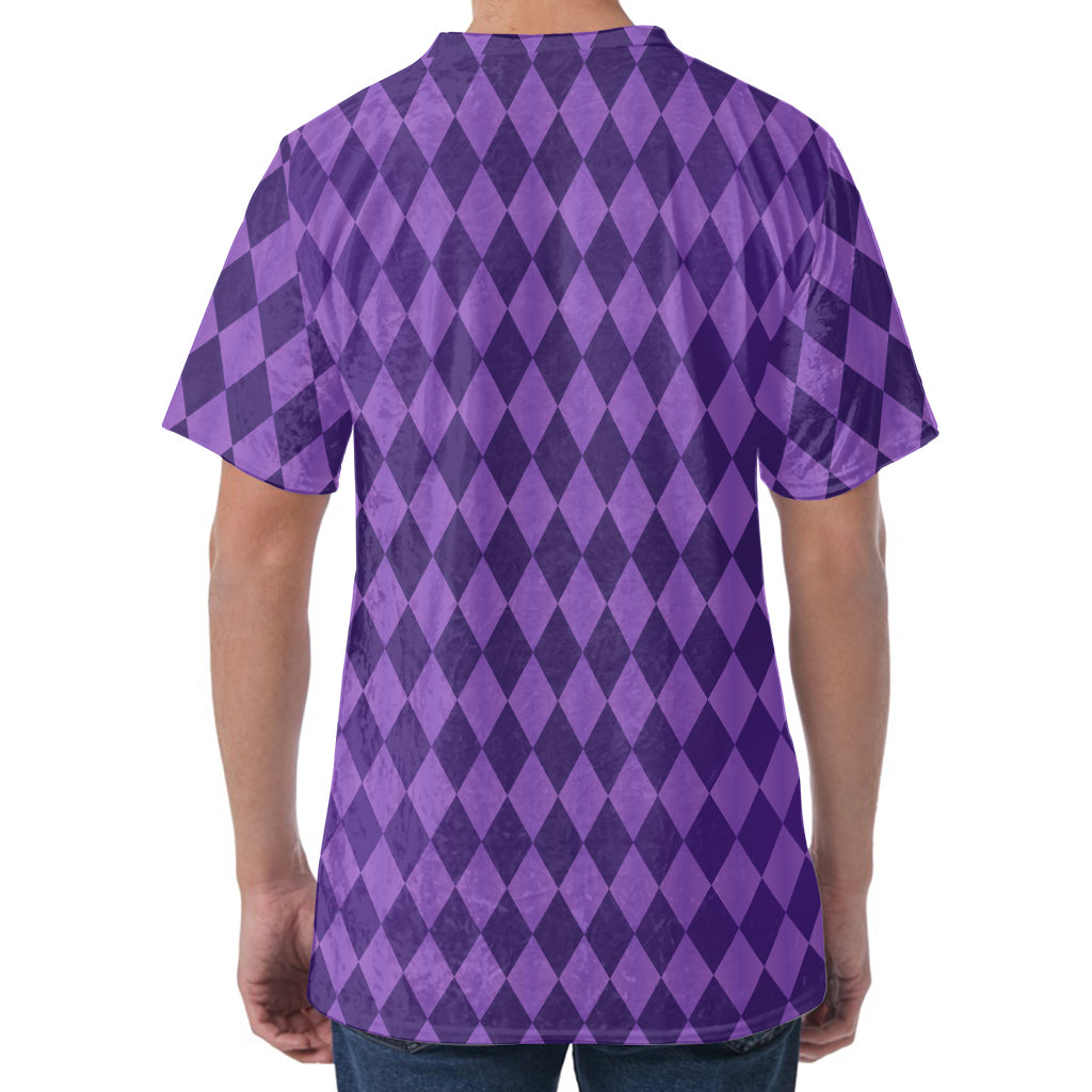 Purple Harlequin Pattern Print Men's Velvet T-Shirt