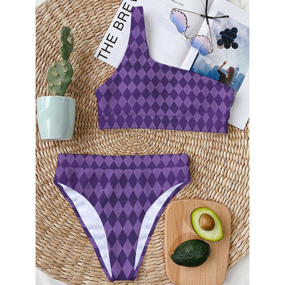Purple Harlequin Pattern Print One Shoulder Bikini Top