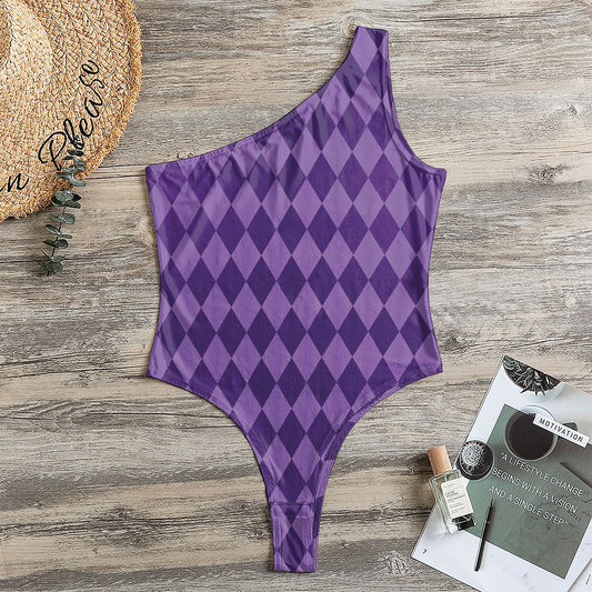 Purple Harlequin Pattern Print One Shoulder Bodysuit