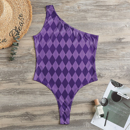 Purple Harlequin Pattern Print One Shoulder Bodysuit