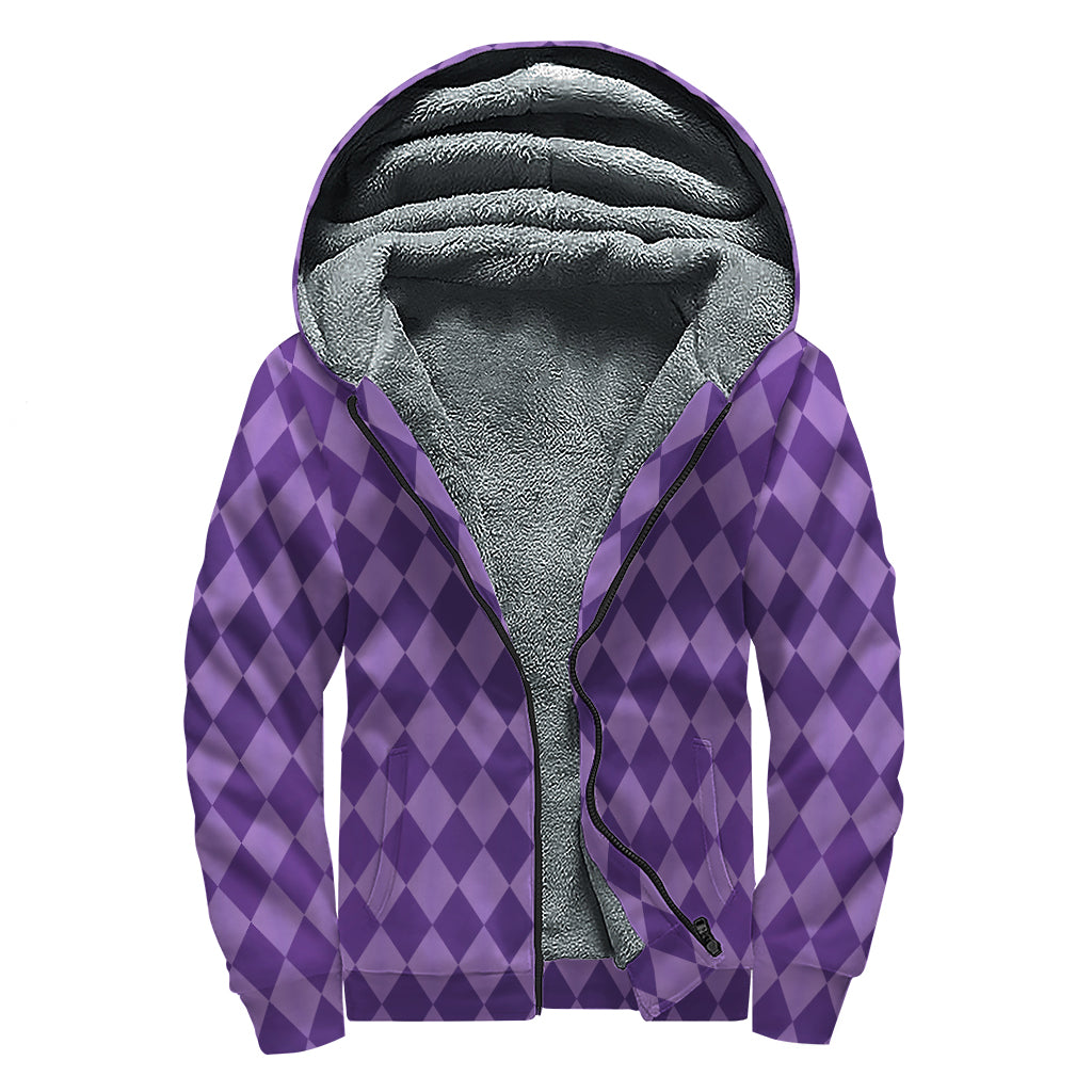 Purple Harlequin Pattern Print Sherpa Lined Zip Up Hoodie