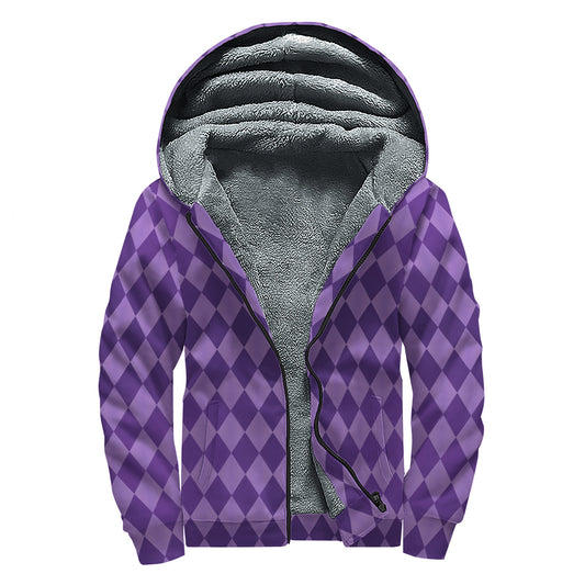 Purple Harlequin Pattern Print Sherpa Lined Zip Up Hoodie