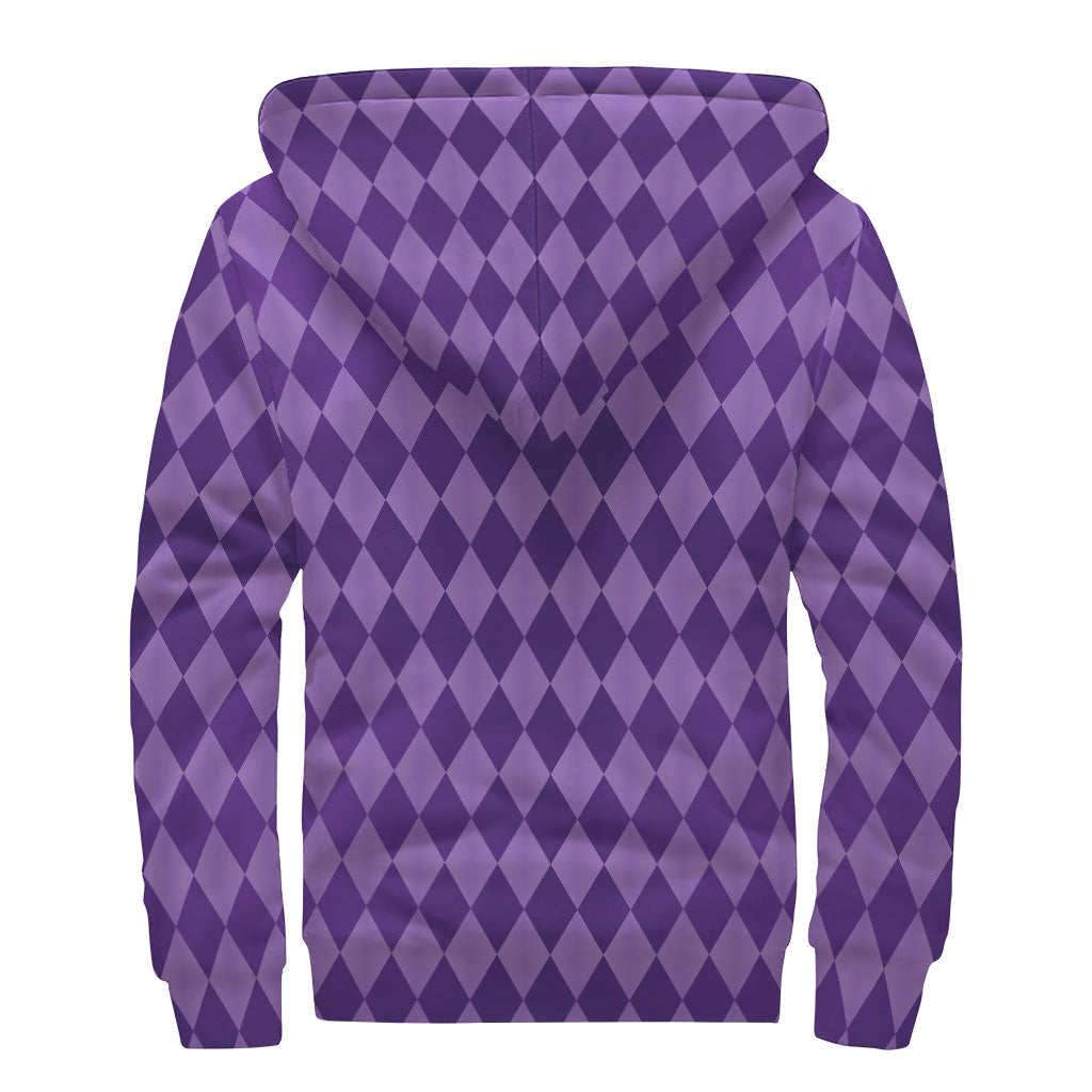 Purple Harlequin Pattern Print Sherpa Lined Zip Up Hoodie