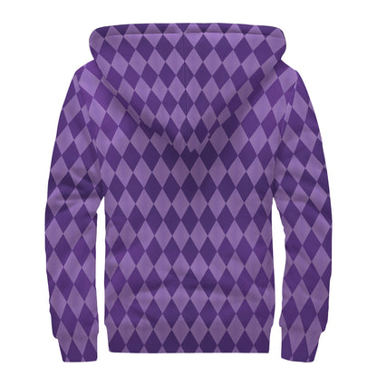 Purple Harlequin Pattern Print Sherpa Lined Zip Up Hoodie