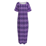 Purple Harlequin Pattern Print Short Sleeve Long Nightdress