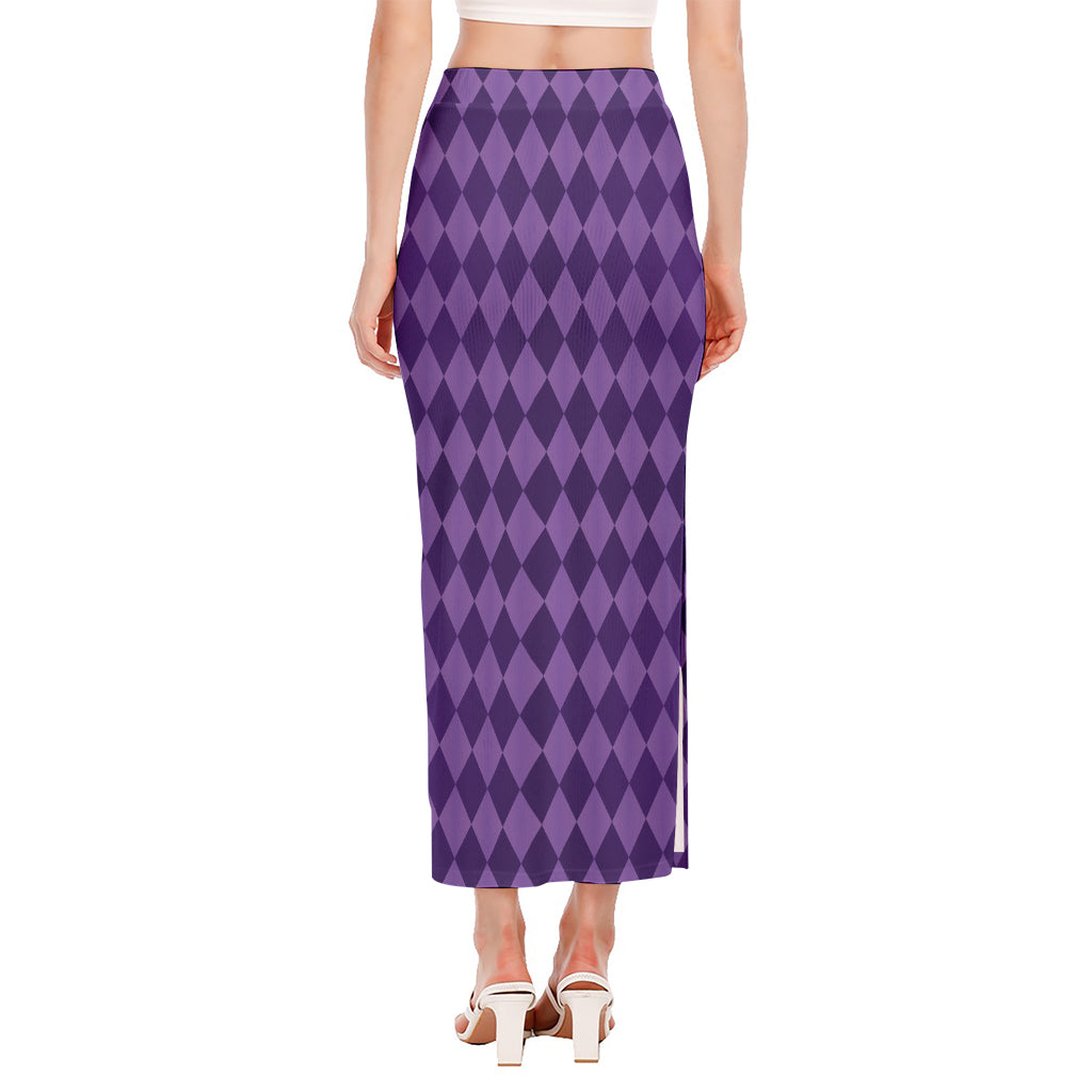 Purple Harlequin Pattern Print Side Slit Maxi Skirt