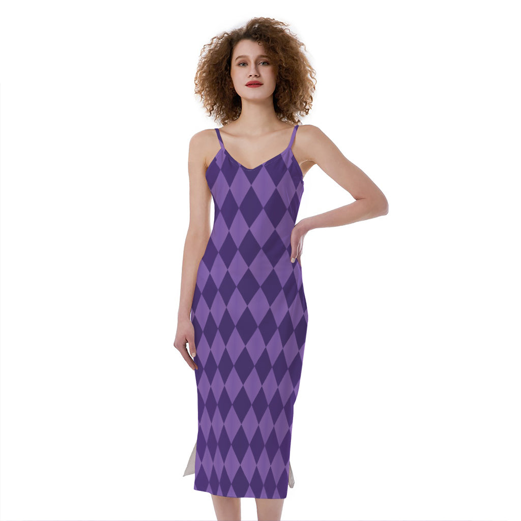 Purple Harlequin Pattern Print Slim Fit Midi Cami Dress