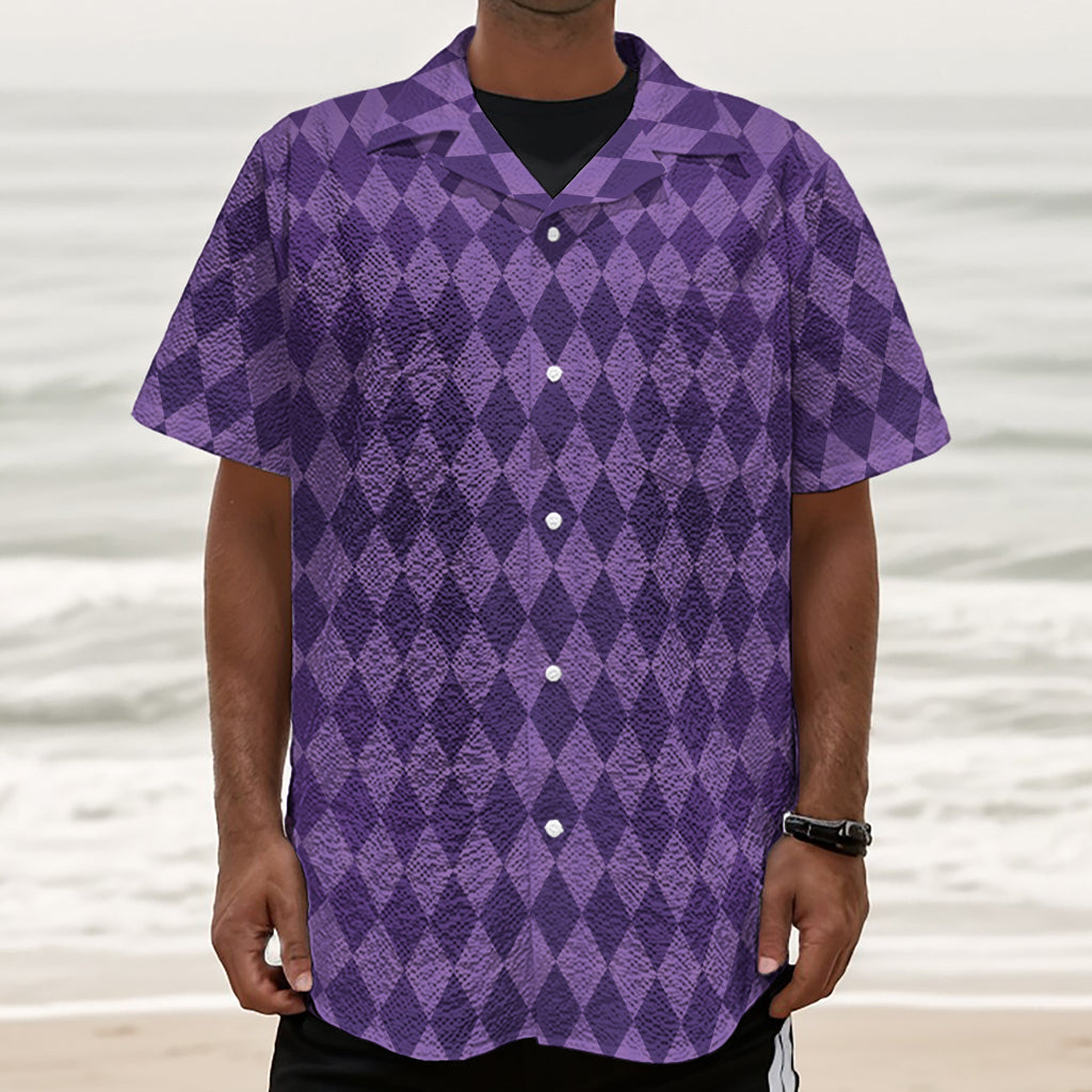 Purple Harlequin Pattern Print Textured Short Sleeve Shirt