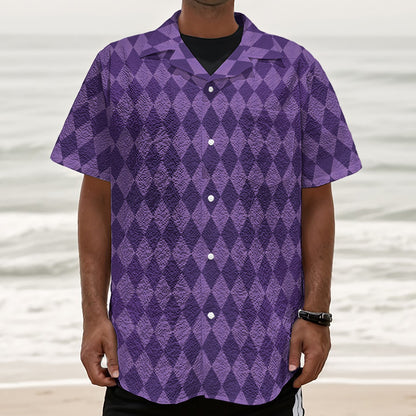 Purple Harlequin Pattern Print Textured Short Sleeve Shirt