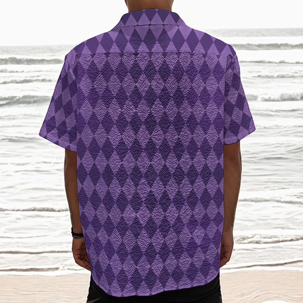 Purple Harlequin Pattern Print Textured Short Sleeve Shirt
