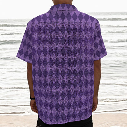 Purple Harlequin Pattern Print Textured Short Sleeve Shirt