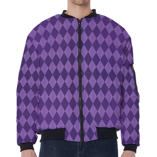 Purple Harlequin Pattern Print Zip Sleeve Bomber Jacket