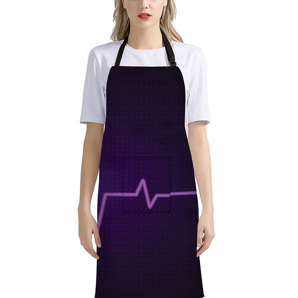 Purple Heartbeat Print Bib Apron With Pocket