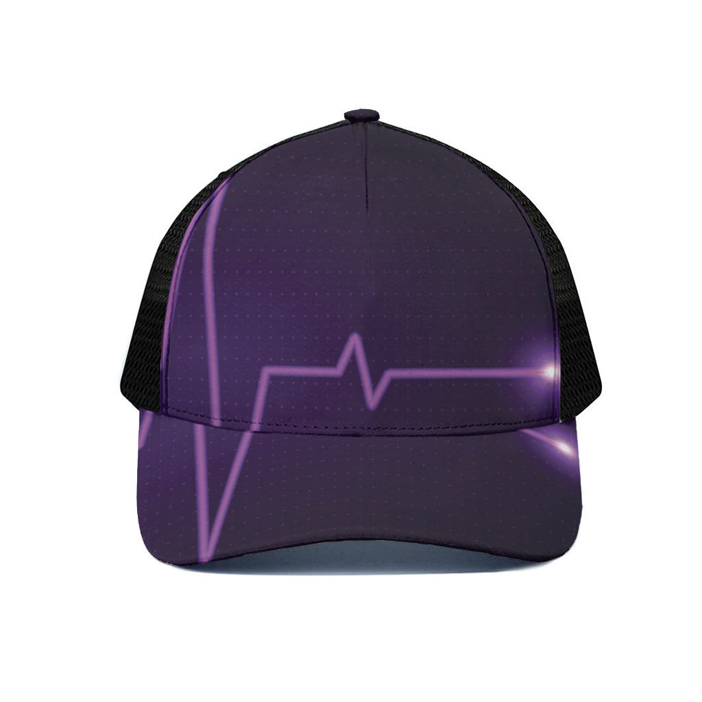 Purple Heartbeat Print Black Mesh Trucker Cap