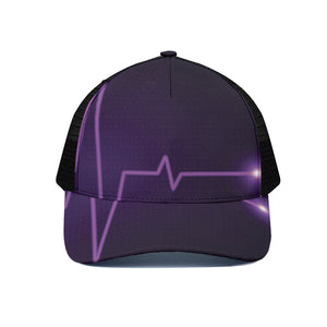 Purple Heartbeat Print Black Mesh Trucker Cap