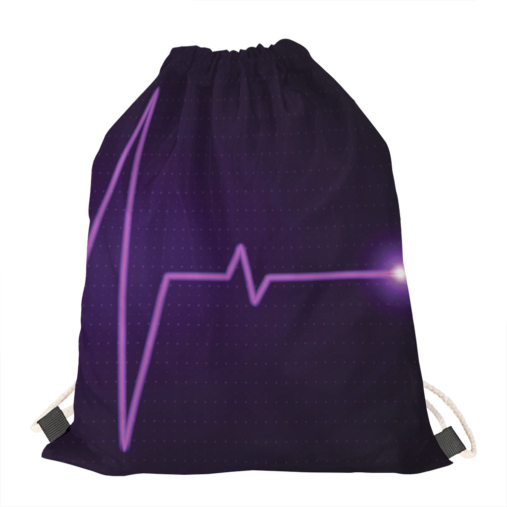 Purple Heartbeat Print Drawstring Bag