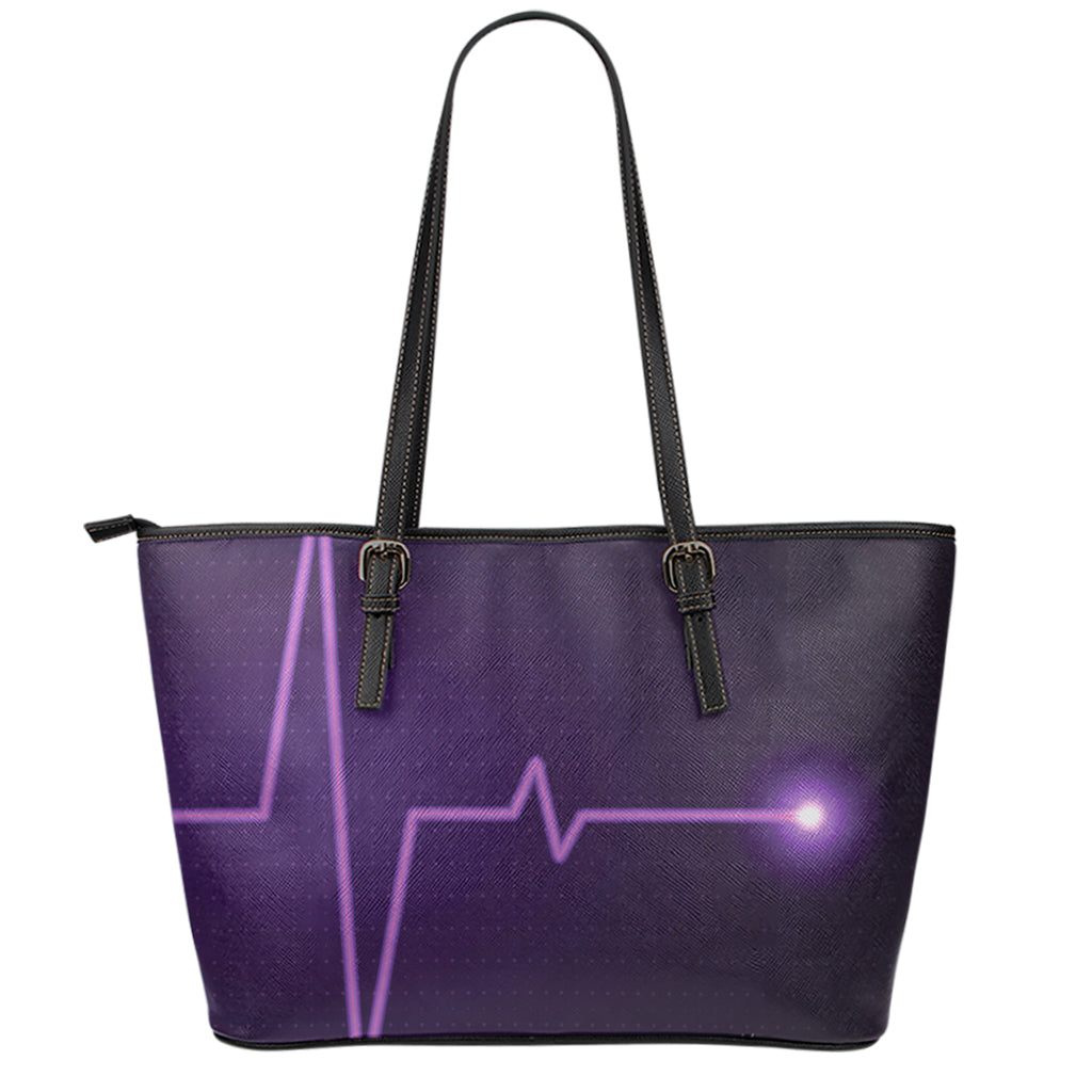 Purple Heartbeat Print Leather Tote Bag