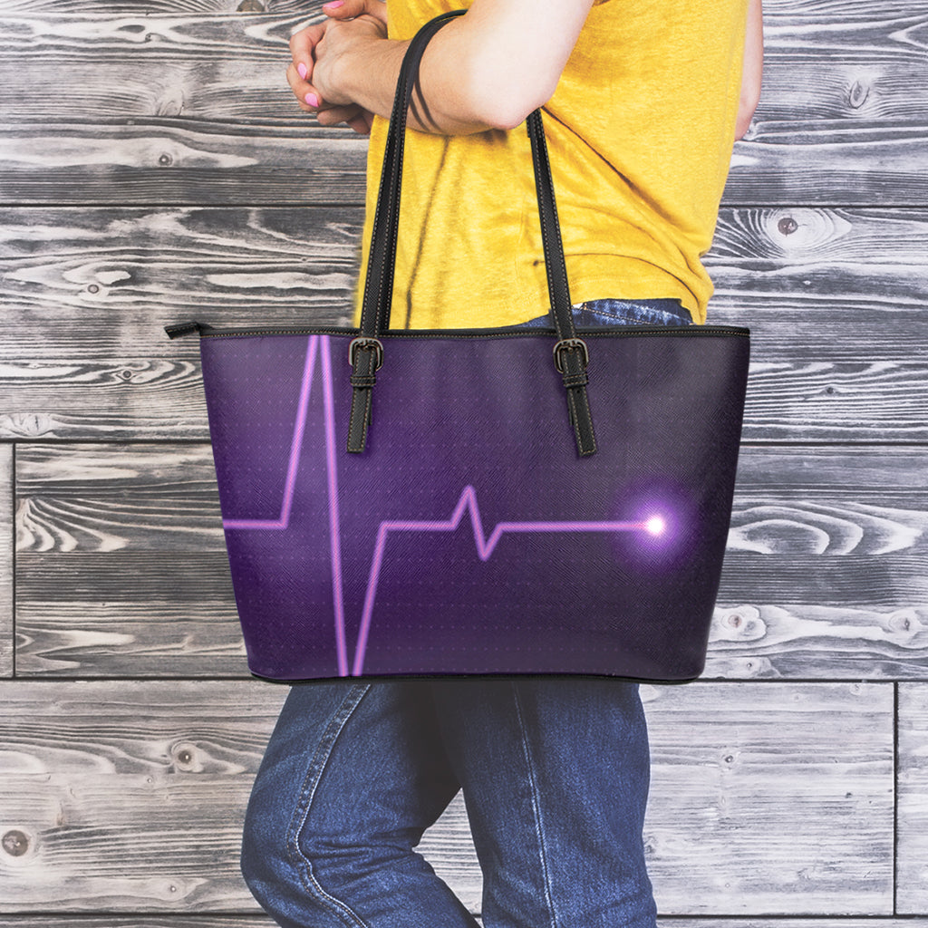 Purple Heartbeat Print Leather Tote Bag