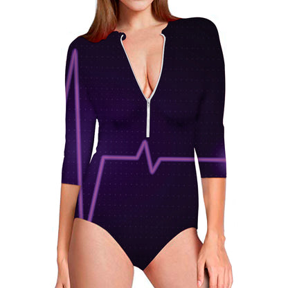 Purple Heartbeat Print Long Sleeve Swimsuit