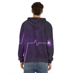 Purple Heartbeat Print Men's Velvet Pullover Hoodie