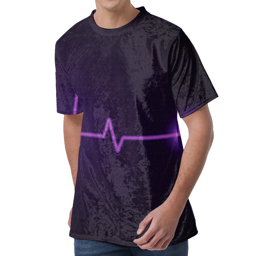Purple Heartbeat Print Men's Velvet T-Shirt
