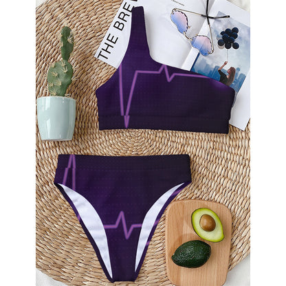 Purple Heartbeat Print One Shoulder Bikini Top