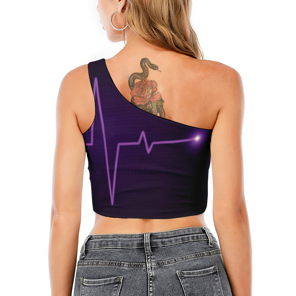 Purple Heartbeat Print One Shoulder Crop Top