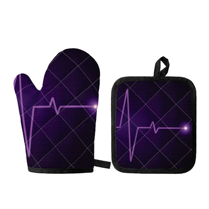 Purple Heartbeat Print Oven Mitt And Pot Holder Set