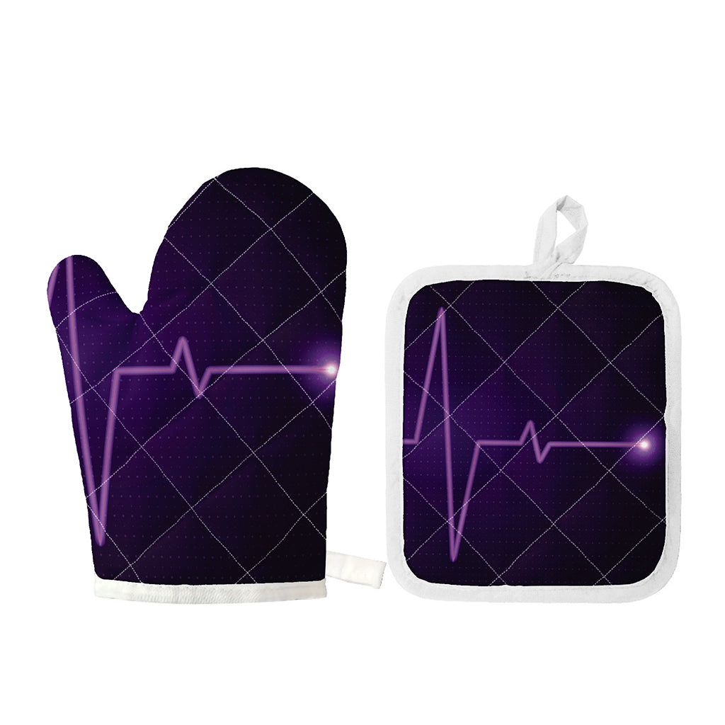 Purple Heartbeat Print Oven Mitt And Pot Holder Set