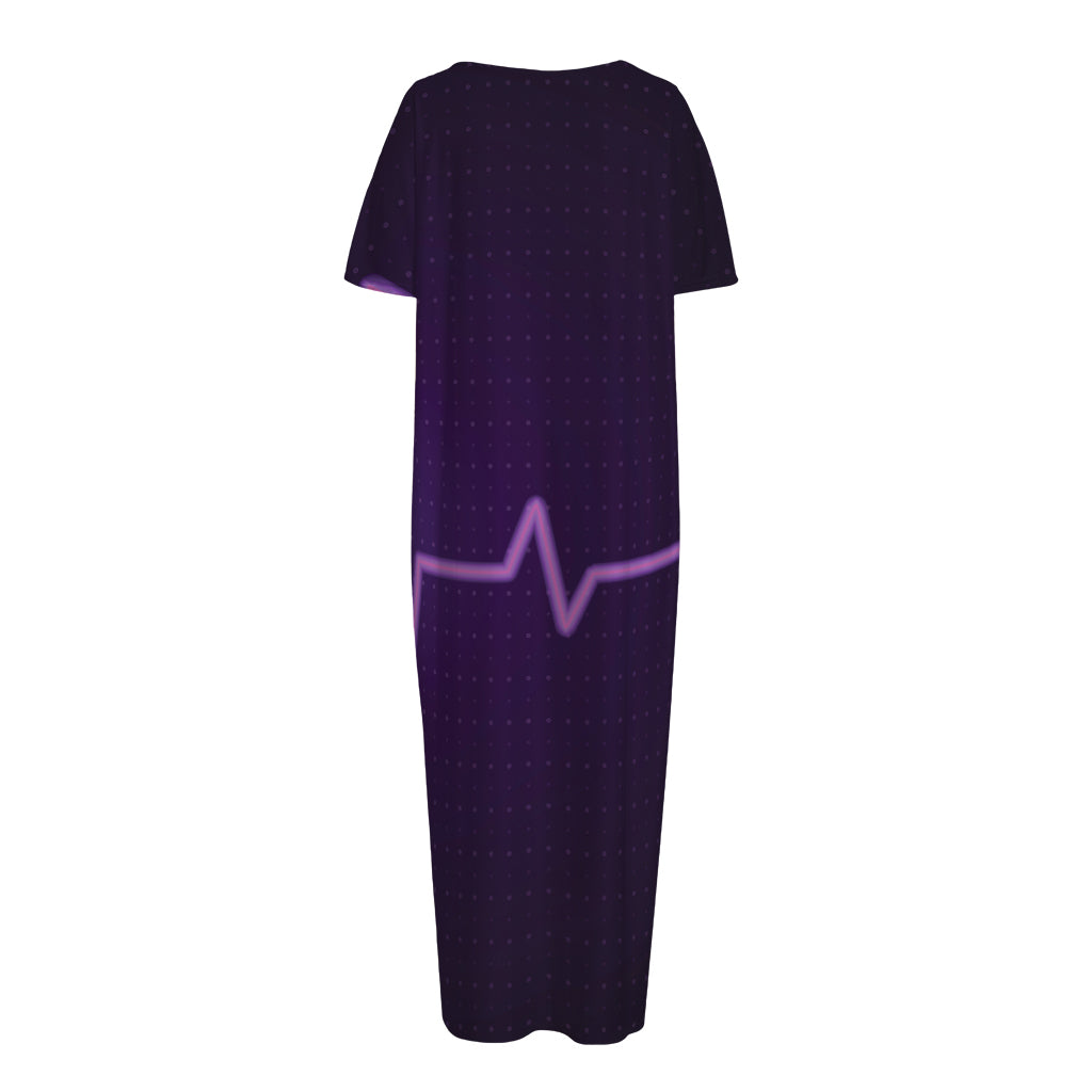 Purple Heartbeat Print Short Sleeve Long Nightdress