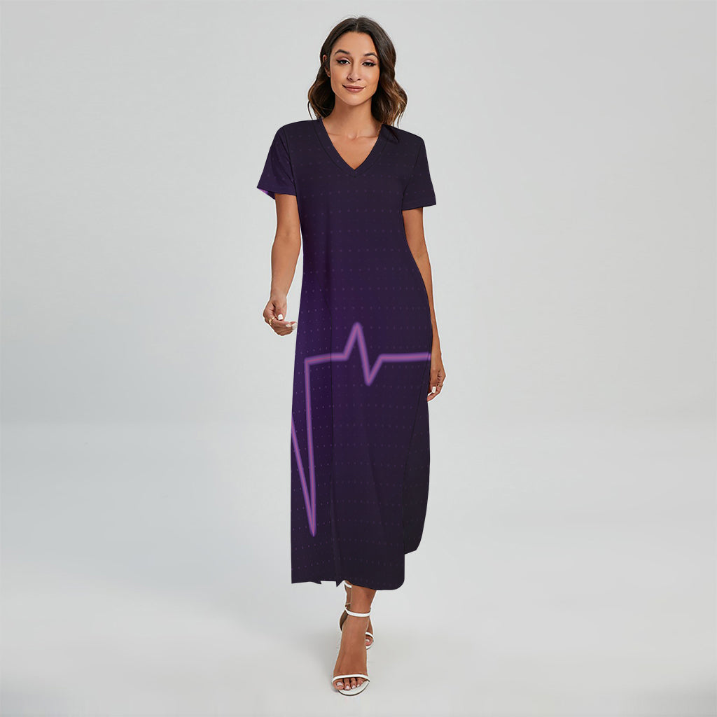 Purple Heartbeat Print Short Sleeve Maxi Dress