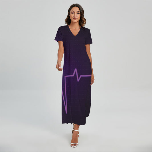 Purple Heartbeat Print Short Sleeve Maxi Dress