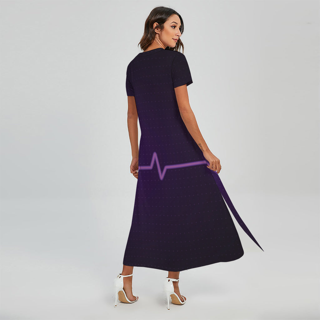 Purple Heartbeat Print Short Sleeve Maxi Dress