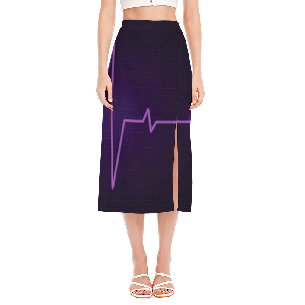 Purple Heartbeat Print Side Slit Midi Skirt