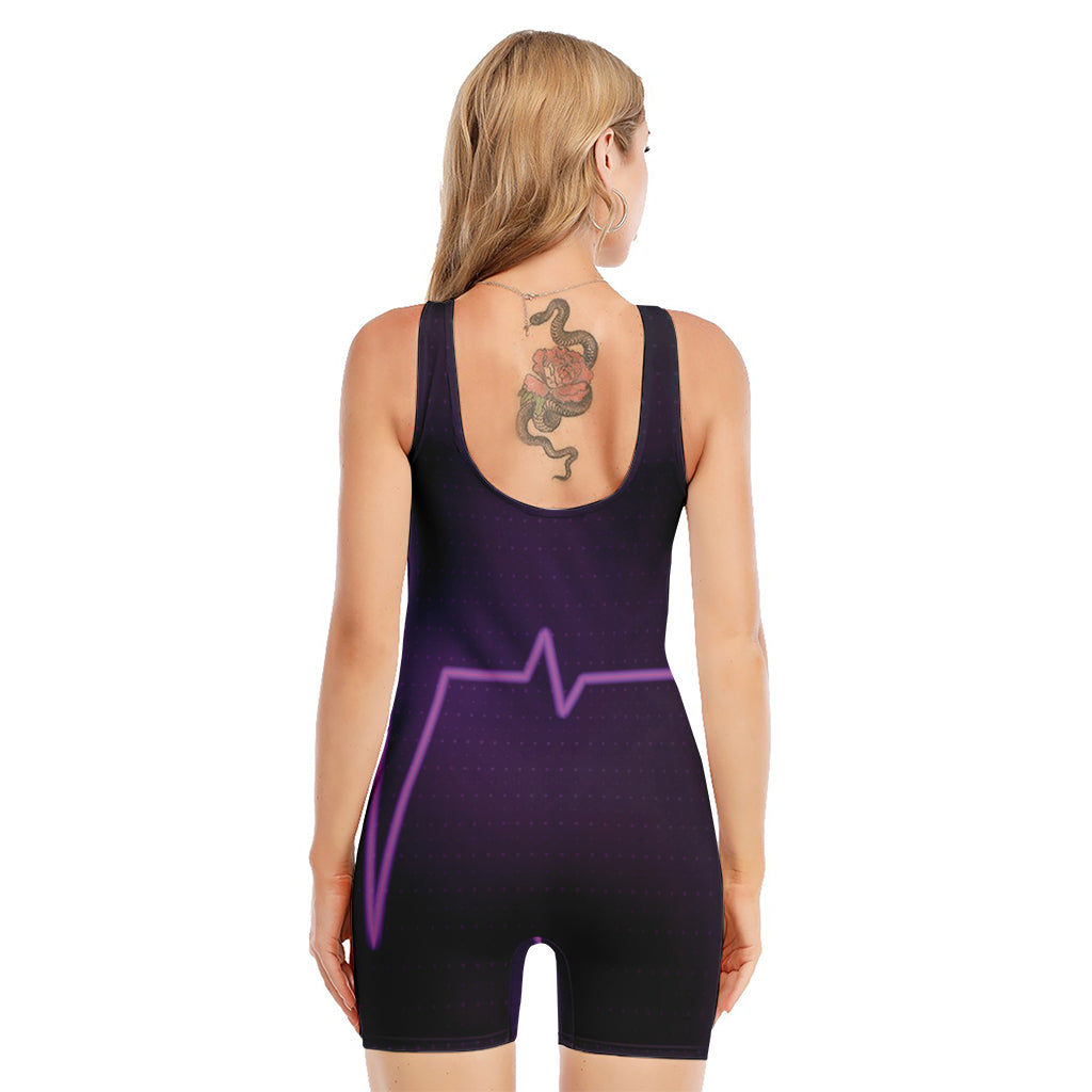 Purple Heartbeat Print Sleeveless One Piece Swimsuit