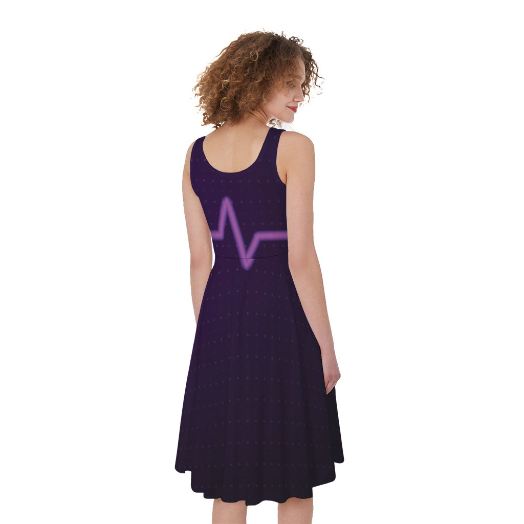 Purple Heartbeat Print Women's Sleeveless Dress