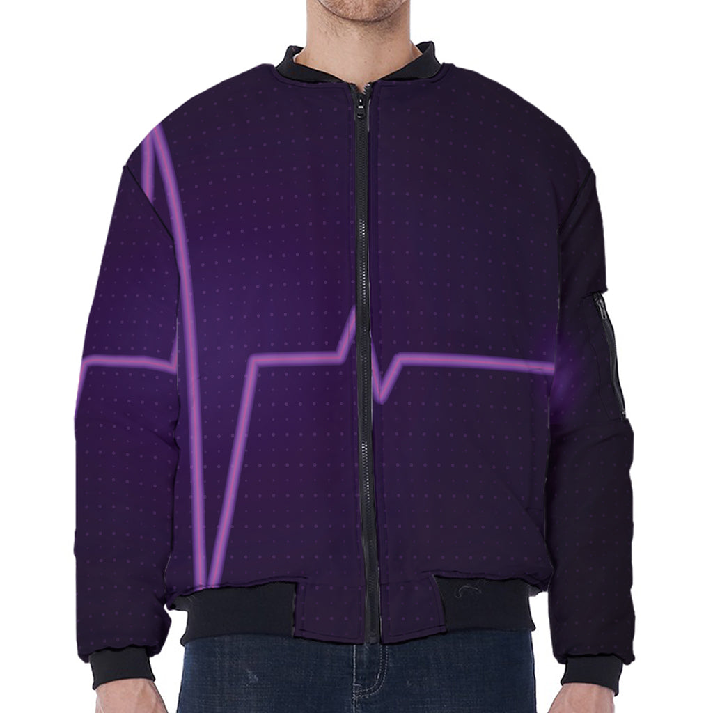 Purple Heartbeat Print Zip Sleeve Bomber Jacket