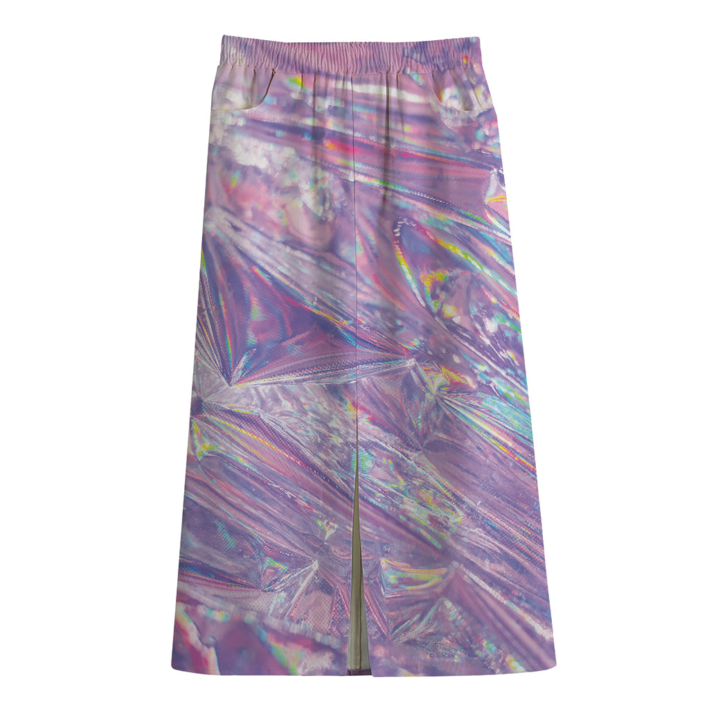 Purple Holographic Print Cotton Front Slit Maxi Skirt