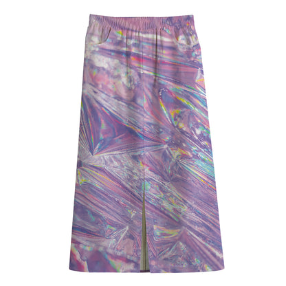 Purple Holographic Print Cotton Front Slit Maxi Skirt