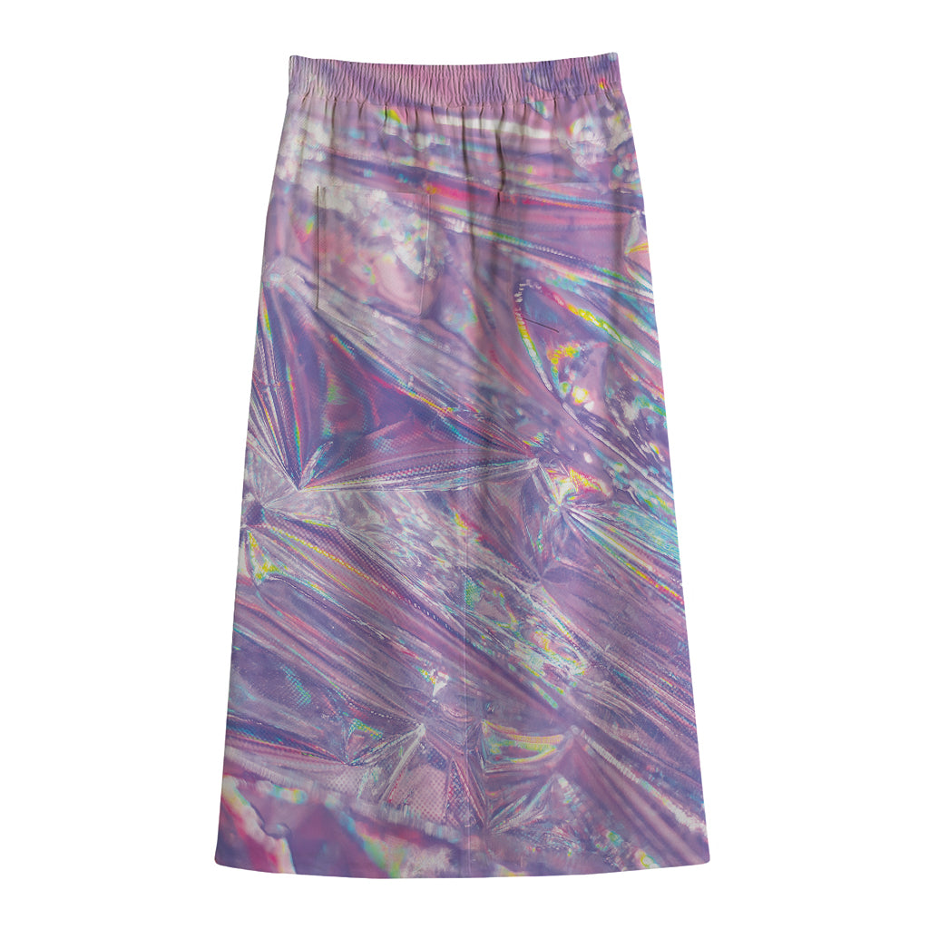 Purple Holographic Print Cotton Front Slit Maxi Skirt