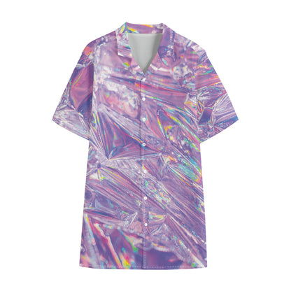 Purple Holographic Print Cotton Hawaiian Shirt