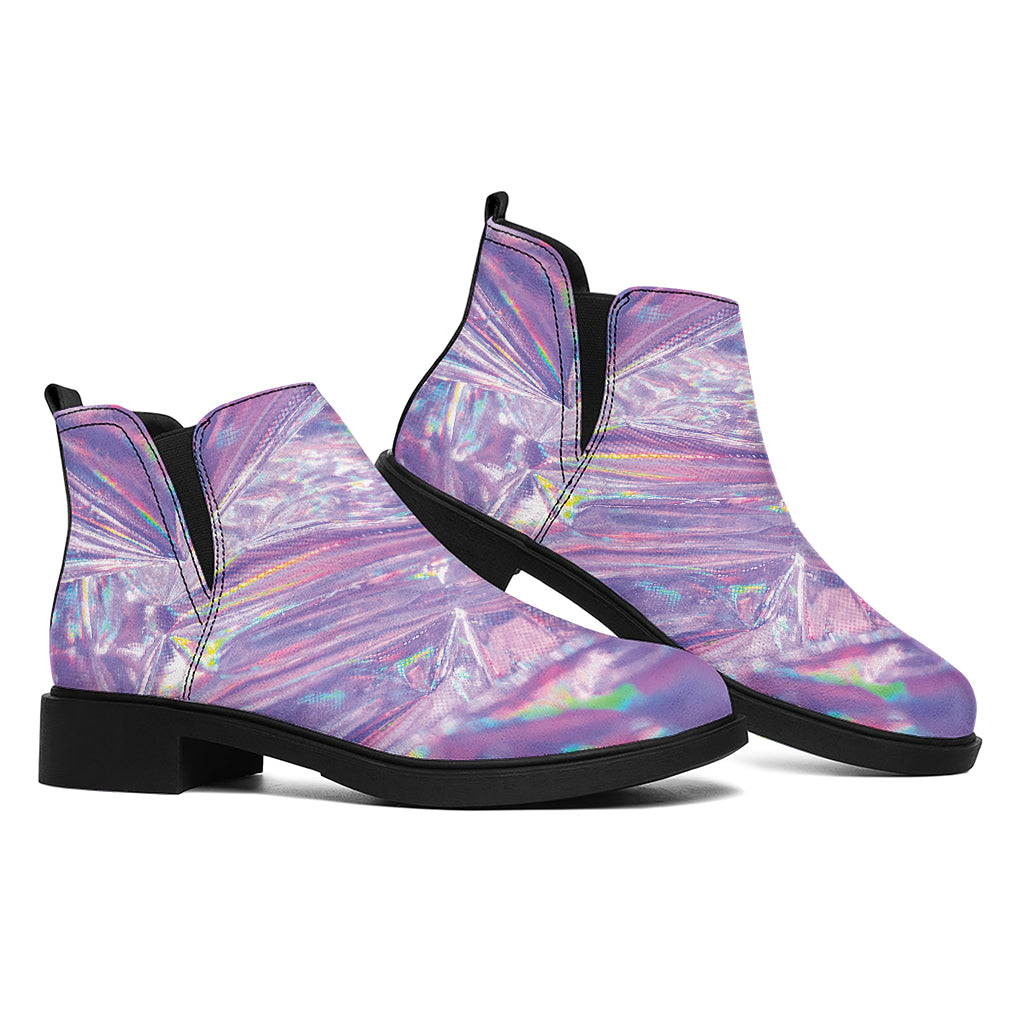 Purple Holographic Print Flat Ankle Boots