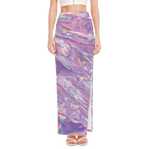 Purple Holographic Print High Slit Maxi Skirt