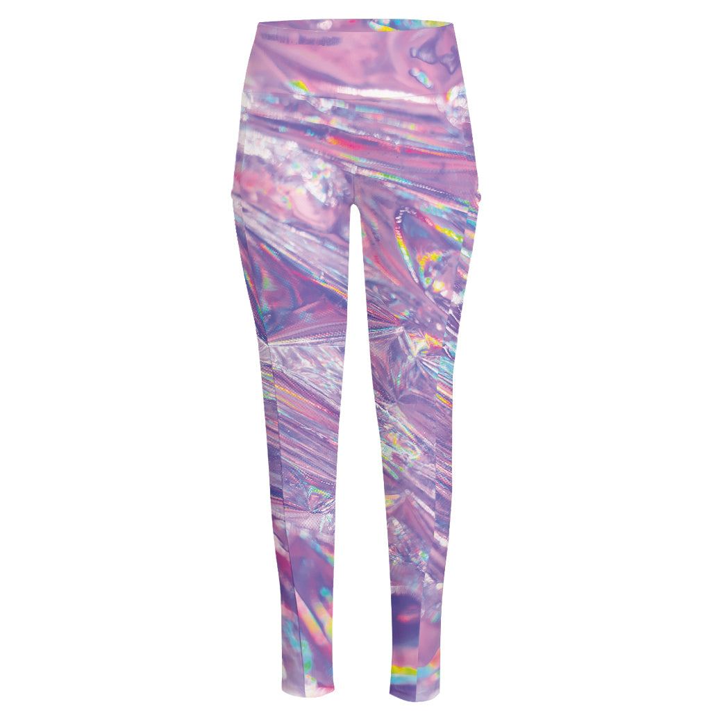 Purple Holographic Print High-Waisted Pocket Leggings