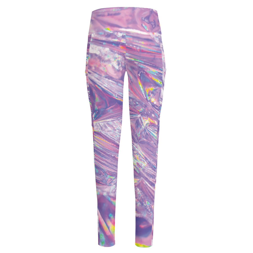 Purple Holographic Print High-Waisted Pocket Leggings