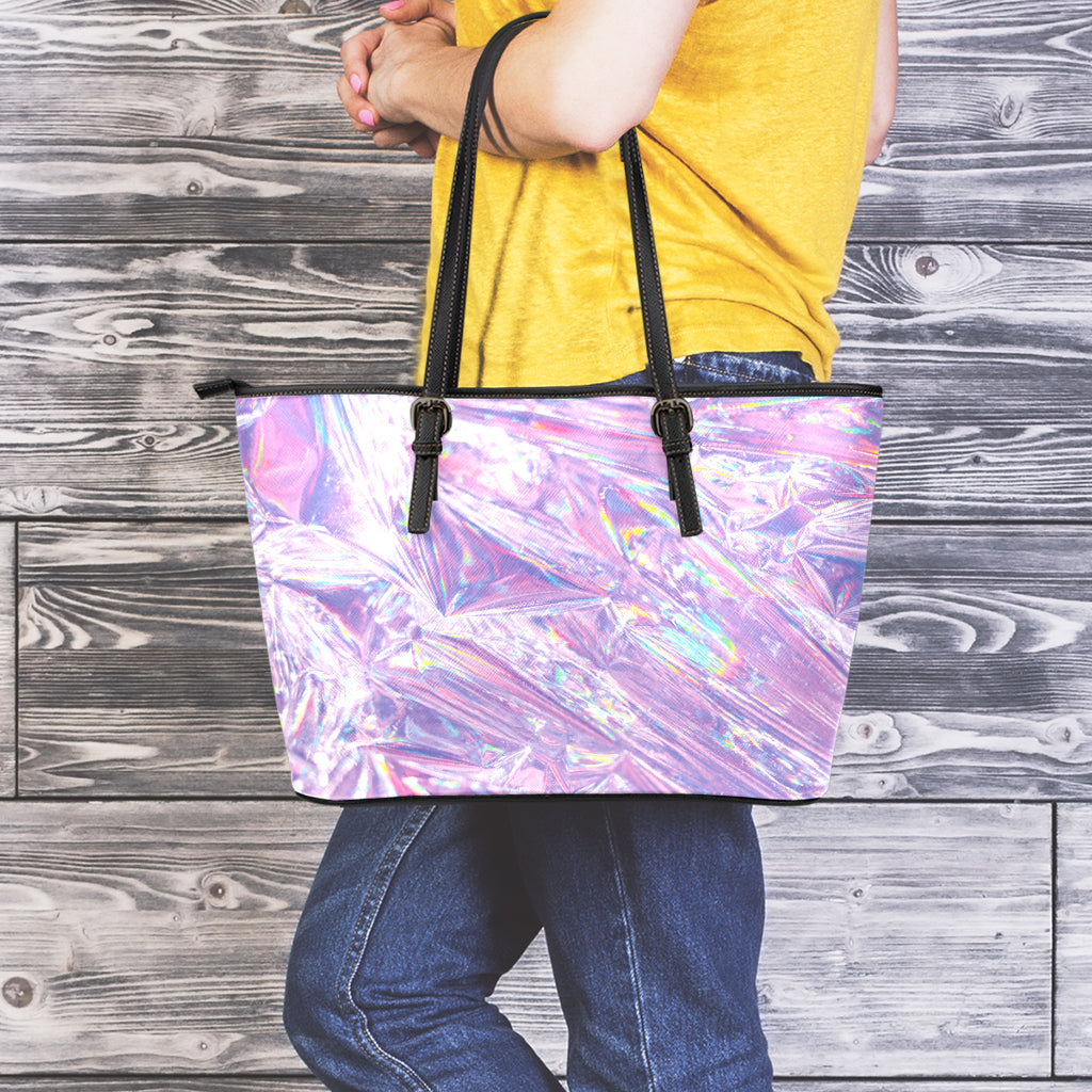 Purple Holographic Print Leather Tote Bag